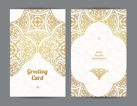 Vintage ornate cards in Eastern style. Golden decor with floral ornaments. Template ornamental frame for greeting card and wedding invitation. Filigree vector border and place for your text.のイラスト素材