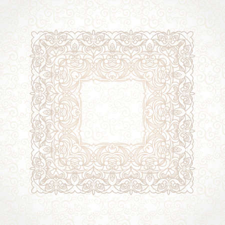 Filigree vector frame in Victorian style. Ornate element for design, place for text. Ornamental beige pattern for wedding invitations and greeting cards. Traditional vintage floral decor.のイラスト素材