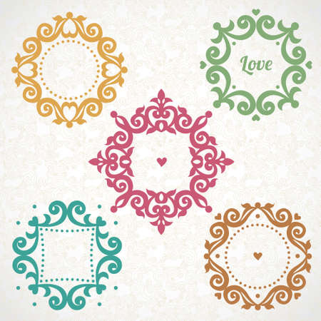 Vector vintage frames and vignettes in Victorian style. Ornate element for flat design and place for text. Ornamental lace pattern for wedding invitations and greeting cards. Traditional romantic decor.のイラスト素材