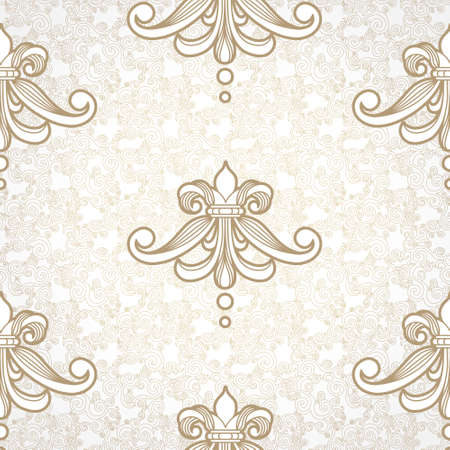 Vector seamless pattern with beige ornament. Vintage element for design in Eastern style. Ornamental lace tracery. Ornate floral decor for wallpaper. Endless vintage texture. Light pattern fill.のイラスト素材