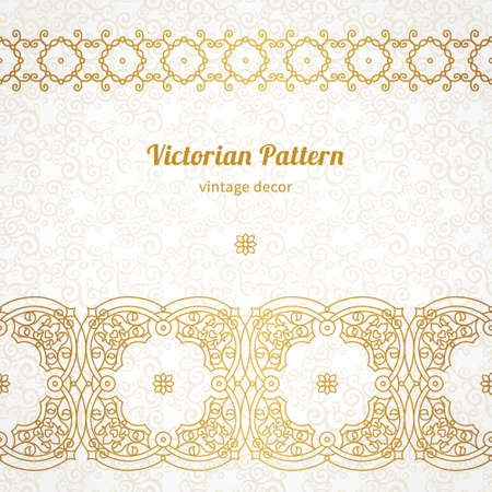 Vector vintage borders in Eastern style. Ornate element for design and place for text. Ornamental floral illustration for wedding invitations and greeting cards. Traditional golden decor on scroll work background.のイラスト素材
