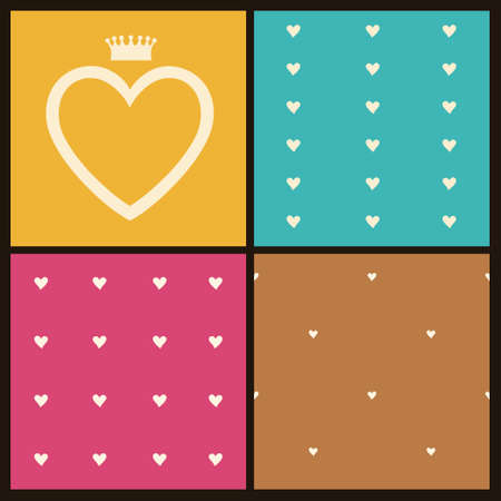 Vector frame in the shape of heart and seamless patterns with hearts. Simple element for flat design. Ornamental bright backgrounds for wedding invitations and greeting cards. Traditional romantic decor.のイラスト素材