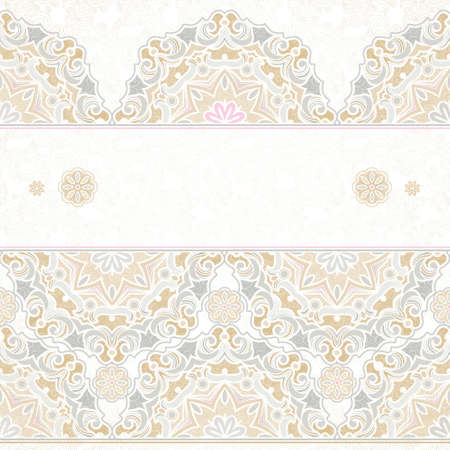 Vector seamless border in Eastern style. Vintage element for design, place for text. Ornamental floral pattern, pastel tracery for wedding invitations, greeting cards. Traditional delicate decor, filigree background.のイラスト素材