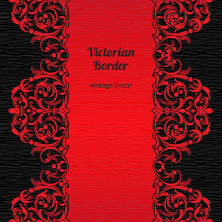 Vector vintage seamless border in Victorian style. Ornate element for design and place for text. Ornamental floral illustration for wedding invitations, greeting cards. Traditional red decor.のイラスト素材