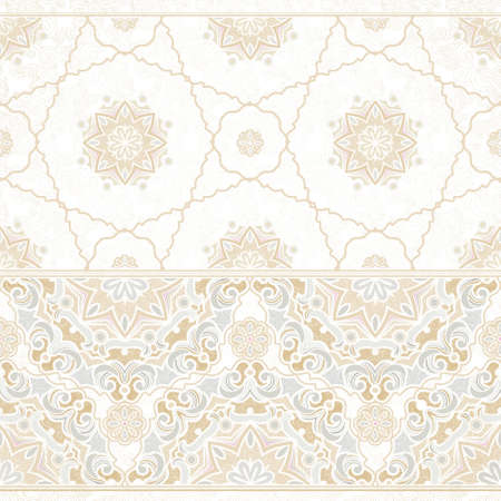 Vector seamless border in Eastern style. Vintage element for design, place for text. Ornamental floral pattern, pastel tracery for wedding invitations, greeting cards. Traditional delicate decor, filigree background.のイラスト素材