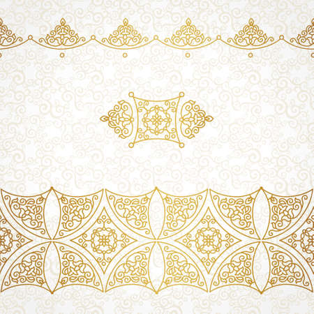 Vector vintage borders in Eastern style. Ornate element for design and place for text. Ornamental floral illustration for wedding invitations and greeting cards. Traditional golden decor on scroll work background.のイラスト素材