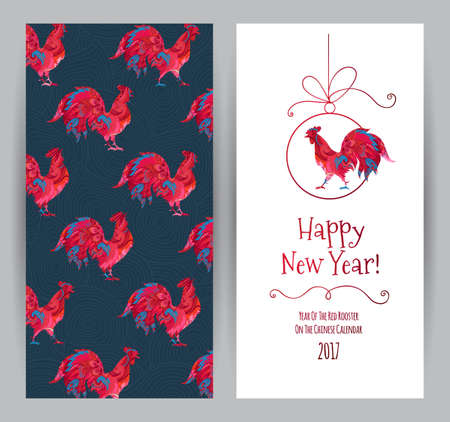 Vector greeting card with illustration of rooster, symbol of 2017 on the Chinese calendar.Silhouette of red cock, decorated with floral patterns. Element for New Year's design. Year of Red Rooster.のイラスト素材