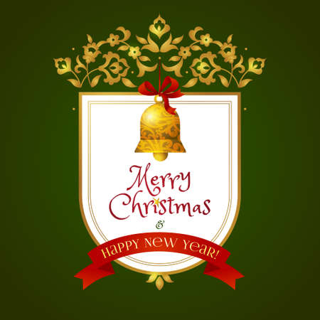 Concept ornate Merry Christmas frame with golden bell, red ribbons and place for text. Element for Christmas and New Year's design. Xmas greeting card in Victorian style. Elegant traditional lacy decor.のイラスト素材
