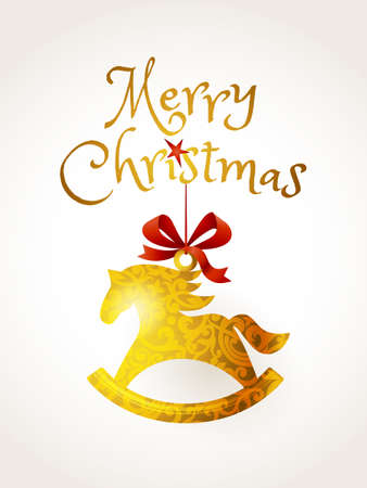 Greeting with red bow and golden horse. Element for Merry Christmas and Happy New Year's design.Traditional gold decor.Hanging Christmas ornament for decorating of invitations, greeting cards, labels.のイラスト素材