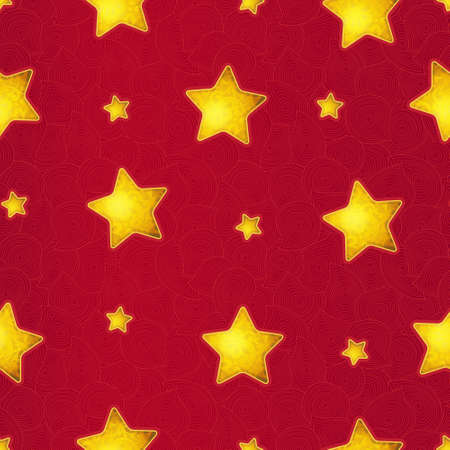Red vector seamless pattern with illustration of bright golden stars. Element for Merry Christmas and New Year's design. Beautiful holiday background. Ornamental lace tracery.のイラスト素材