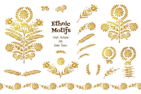Vector set of vintage vignettes in ethnic style. Ornate elements for design and place for text. Ornamental illustrations, floral bouquets, gold sprigs, petals, flowers. Traditional golden decor.のイラスト素材