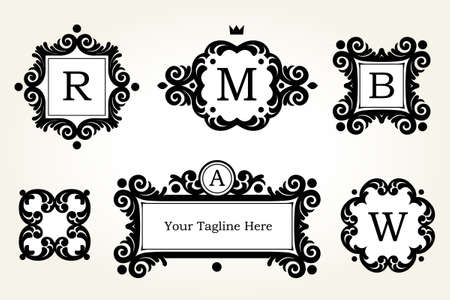 Vector set with black frames and vignettes. Ornate element for design. Place for company. Ornament floral decor for business card, wedding invitations, certificate, template, monogram, thank you message.のイラスト素材