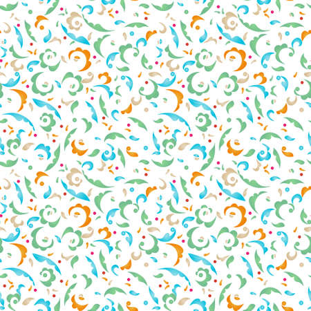 Vintage design element in Eastern style. Vector seamless pattern with floral ornament. Ornamental lace tracery. Ornate spotted illustration. Decor from bright leaves and petals on white background.のイラスト素材