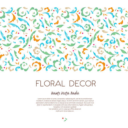 Vintage design element in Eastern style. Vector seamless border with floral ornament. Ornamental lace tracery. Ornate spotted illustration. Decor from bright leaves and petals on white background.のイラスト素材