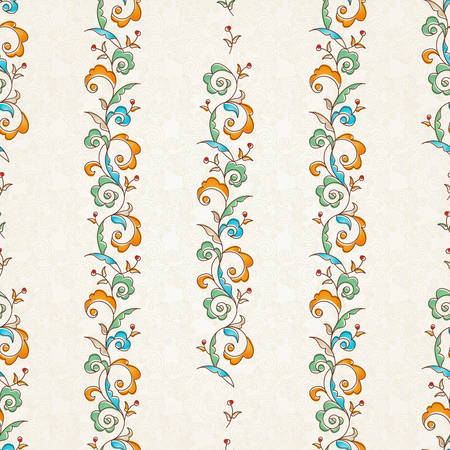 Vintage design element in Eastern style. Vector seamless pattern with floral vertical ornament. Ornamental lace tracery. Ornate illustration for wallpaper. Traditional arabic decor, outline twigs and curls.のイラスト素材