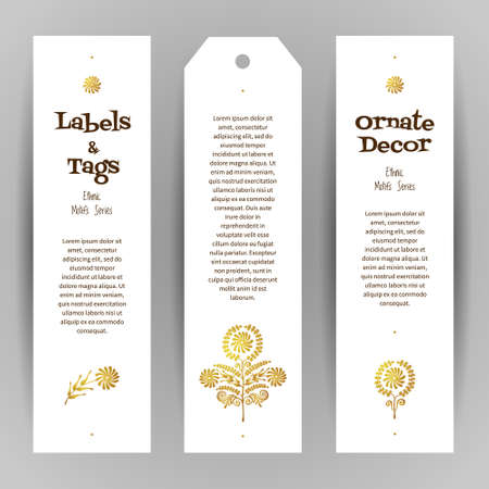 Vector set of ornate luxury vertical tags in ethnic style. Eastern floral decor. Template vintage frame for greeting card, thank you message. Golden labels and bookmarks with place for text.のイラスト素材