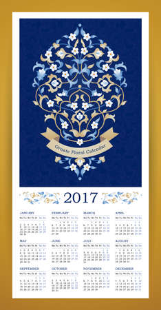 Vector calendar for 2017. Ornate decorated illustration, calendar grid. Bright floral decor, place for company slogan. Elegant bouquet of blue flowers, beige ribbon. Template with week starts Monday.のイラスト素材