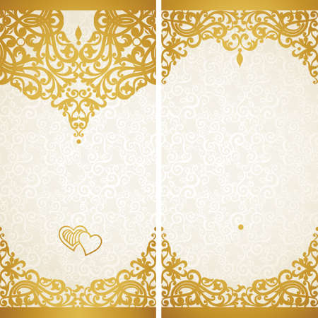 Vintage greeting cards with swirls and floral motifs in retro style. Template frame design for card. Golden vector border in Victorian style. You can place your text in the empty frame.のイラスト素材