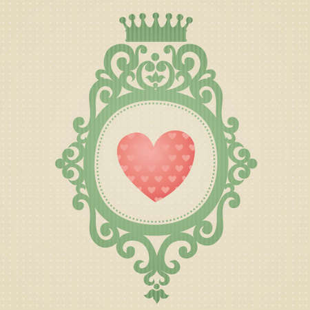 Coat of arms with heart on light seamless background. Vector baroque frame in Victorian style. Element for design. It can be used for decorating of invitations, cards, decoration for bags and clothes.のイラスト素材