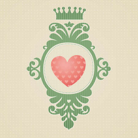Coat of arms with heart on light seamless background. Vector baroque frame in Victorian style. Element for design. It can be used for decorating of invitations, cards, decoration for bags and clothes.のイラスト素材