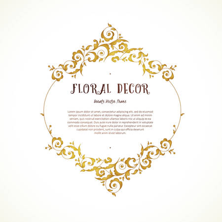 Vector vintage frame, vignettes in Eastern style. Ornate floral element for design. Ornamental illustration for invitation, birthday and greeting cards, thank you message. Place for text. Golden luxury decor.のイラスト素材
