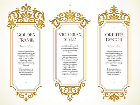 Vector set frames and vignette for design template. Elements in Victorian style. Golden floral borders. Ornate decor for invitations, greeting cards, certificate, thank you message.のイラスト素材