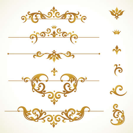 Vector set vignettes, frames, scroll elements for design template. Golden floral borders in Victorian style. Ornate decor for invitation, greeting card, label, badge.のイラスト素材