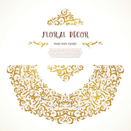 Vector set of ornate frame, border, vignette for design template. Elements in Eastern style. Golden floral ornaments. Luxury decor for invitations, greeting cards, thank you message.のイラスト素材