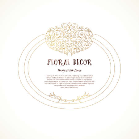 Vector line art frame for design template. Vintage element in Eastern style. Golden outline floral borders. Mono line decor for invitations, greeting cards, certificate, thank you message.のイラスト素材