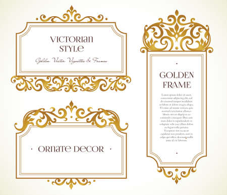 Vector set frames and vignette for design template. Elements in Victorian style. Golden floral borders. Ornate decor for invitations, greeting cards, certificate, thank you message.のイラスト素材