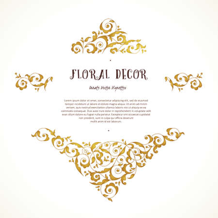 Vector set of ornate frame, border, vignette for design template. Elements in Eastern style. Golden floral ornaments. Luxury decor for invitations, greeting cards, thank you message.のイラスト素材
