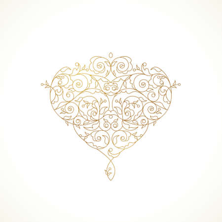 Ornate vector heart in Eastern style. Line art elegant element for design, place for text. Lace floral illustration for wedding invitations, greeting cards, Valentines cards. Golden pattern.のイラスト素材