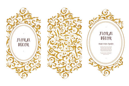 Vector set of golden frames and illustrations for design template. Element in Eastern style. Luxury floral frames. Ornate decor for invitations, greeting cards, certificate, thank you message.のイラスト素材