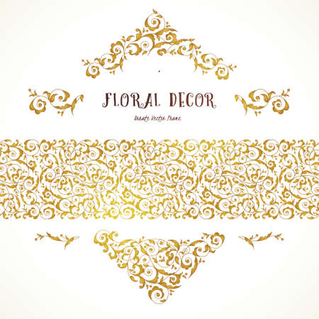 Vector set of ornate frame, seamless border, vignette for design template. Elements in Eastern style. Golden floral ornaments. Luxury decor for invitations, greeting cards, thank you message.のイラスト素材