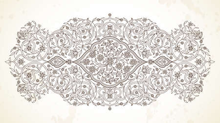 Vector line art decor; ornate vignette for design template. Eastern style element. Black outline floral decoration. Mono line illustration for invitation; card; coloring book; thank you message.のイラスト素材