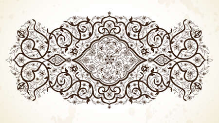 Vector line art decor; ornate vignette for design template. Eastern style element. Black outline floral decoration. Monochrome illustration for invitation; card; coloring book; thank you message.のイラスト素材