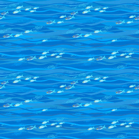 Blue seamless sea life background with waves, bubbles and small fishes. Ornamental underwater pattern. Ornate marine decor for wallpaper. Deep blue and shimmering backdrop. Maritime illustration.のイラスト素材