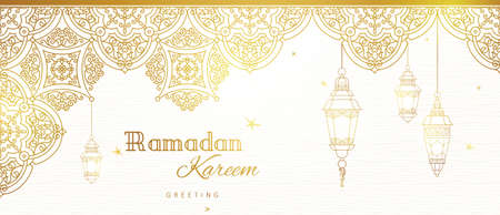 Ornate vector banner, vintage lanterns for Ramadan wishing. Arabic shining lamps. Outline golden decor in Eastern style. Islamic background.Ramadan Kareem greeting card, advertising, discount, poster.のイラスト素材