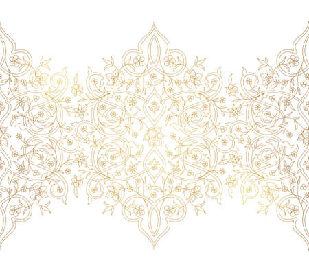 Vector vintage decor; ornate seamless border for design template. Eastern style element. Luxury floral decoration. Place for text. Golden illustration for greeting card, wallpaper, background.のイラスト素材