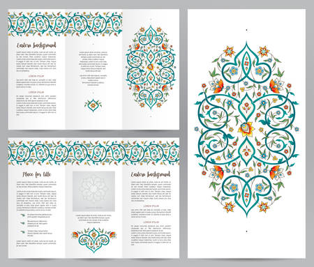 Ornate vintage booklet with oriental floral decor. Bright floral decoration in Eastern style. Template frame for brochure, invitation, page layouts, leaflet, poster. Premium vector border.のイラスト素材