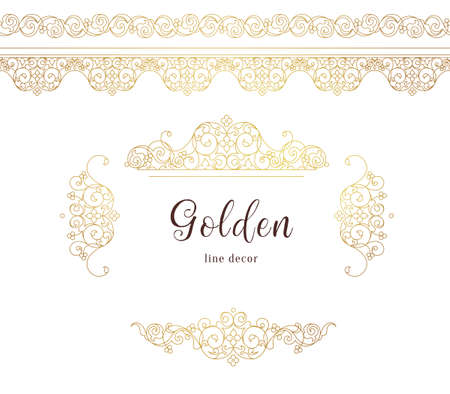 Vector vintage seamless borders, vignette for design template. Eastern style element. Golden outline floral decor. Luxury illustration for invitations, greeting card, wallpaper, web, background.のイラスト素材