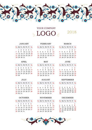 Vector calendar for 2018. Ornate decorated calendar grid. Vintage floral decor. Eastern style element. Golden decoration. Arabesques. Ornamental paisley illustration. Template with week starts Sunday.のイラスト素材