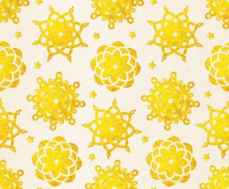 Festive vector seamless pattern with illustration of bright golden stars and snowflakes. Element for Merry Christmas and New Year's design. Holiday background. Ornamental lace tracery.のイラスト素材