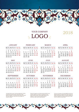Vector calendar for 2018. Ornate decorated calendar grid. Vintage floral decor. Eastern style element. Golden decoration. Arabesques. Ornamental paisley illustration. Template with week starts Monday.のイラスト素材