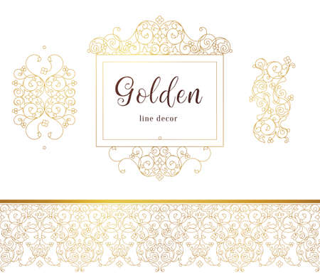 Vector vintage seamless border, frame, vignettes for design template. Eastern style element. Golden outline floral decor. Premium illustration for invitations, greeting card, wallpaper, web, background.のイラスト素材