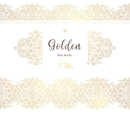 Vector vintage seamless borders, vignettes for design template. Eastern style element. Golden outline floral decor. Premium illustration for invitations, greeting card, wallpaper, web, background.のイラスト素材