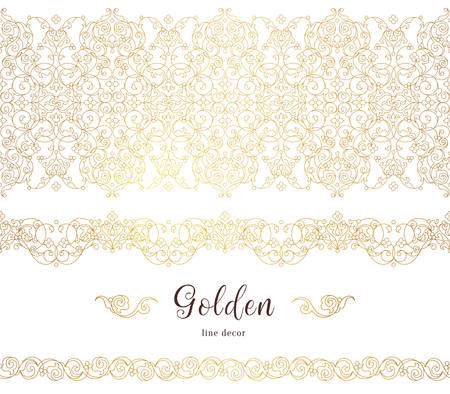 Vector vintage seamless border, vignettes for design template.Eastern style element. Golden outline floral decor.Premium illustration for invitations, greeting card, wallpaper, web, background.のイラスト素材