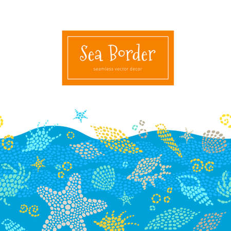Vector seamless border with sea elements, crabs, seashells. Ornate maritime decor from drops. Spotty sea background for card, invitation, pattern fills, web page, surface textures. Marine life.のイラスト素材