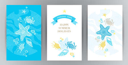 Bright Summer Holidays cards with sea elements. Sea pattern with seashells and starfish. Place for your text. Template frame design for banner, placard, invitation. Marine life vector background.のイラスト素材