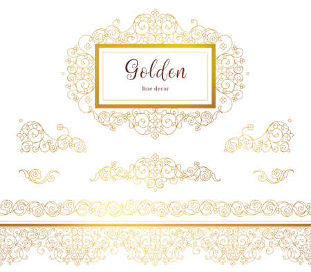 Vector vintage seamless border, frames, vignettes for design template.Eastern style element. Golden outline floral decor.Luxury illustration for invitations, greeting card, wallpaper, web, background.のイラスト素材